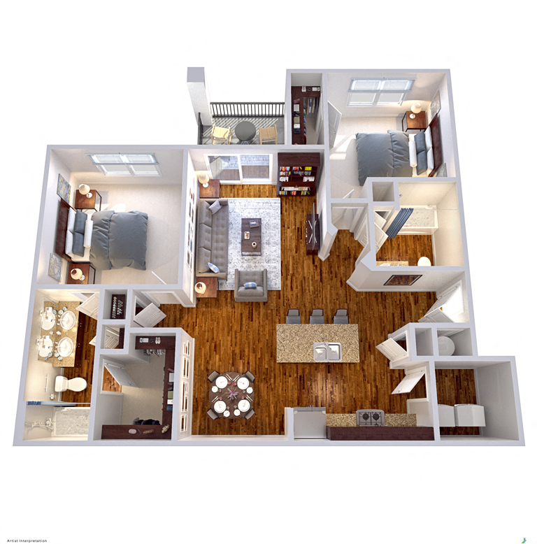 Floor plan for 2 beds, 2 baths, 1095 sqft
